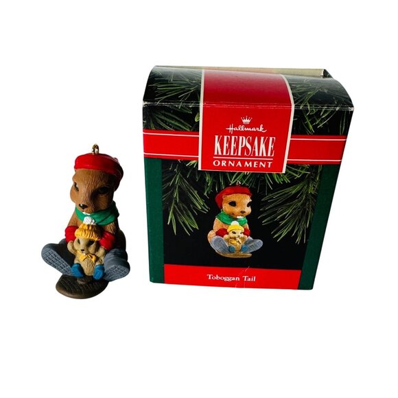 VTG 1992 Hallmark Toboggan Tail Keepsake Ornament Beaver & Baby Sledding Fun - Picture 1 of 13